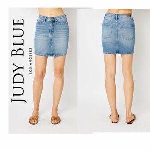 Judy Blue Washed Blue Denim High-Rise Mini Skirt Tummy Control Sz 3Xl Retro core